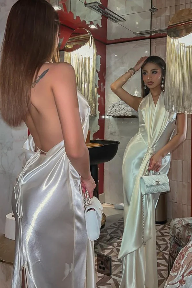 Elegant Draped Neck Backless Slit Long Prom Dress - Image 4