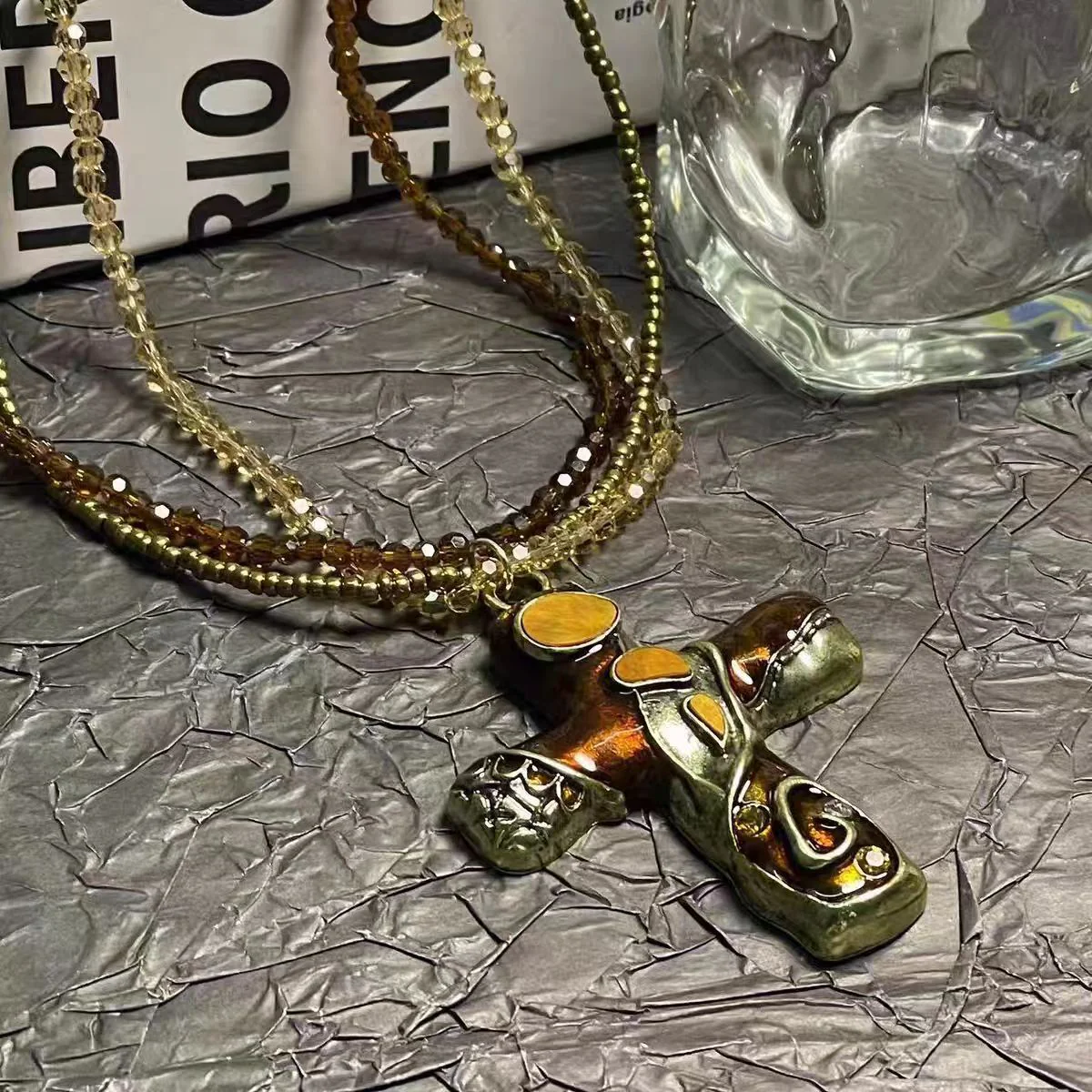 Gothic Cross Multi Layer Beaded NeckLace - Image 3