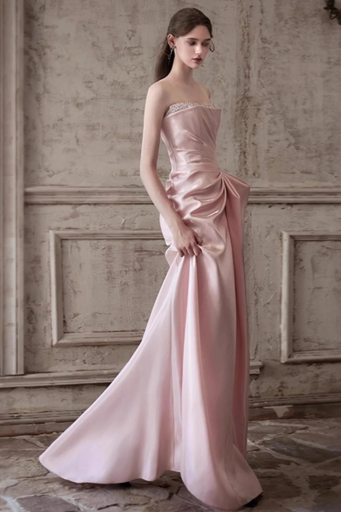Pink Strapless Elegant Waist Slimming Prom Dress - Image 5