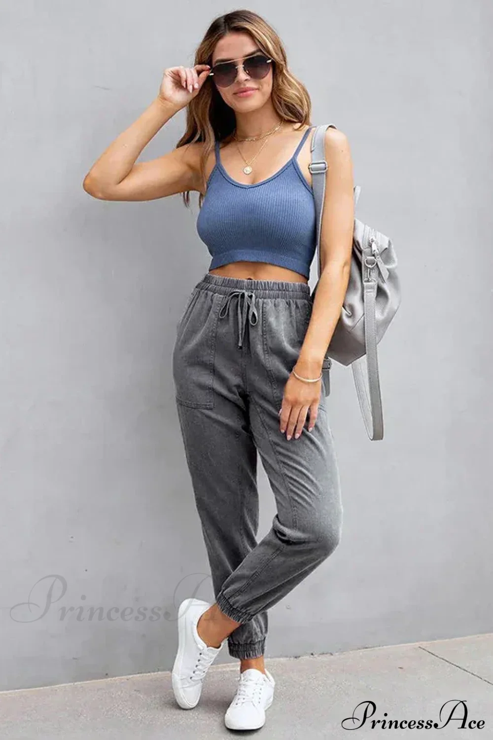 Stretch Women High Waist Wide Leg Casual Fashion Pocket Drawstring Women Clothing Mom Jean - Image 4