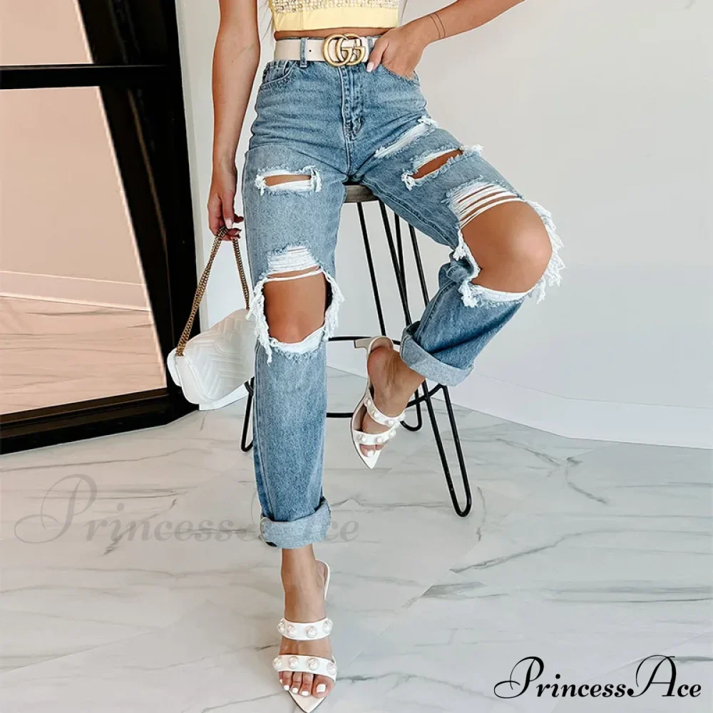Trendy Blue High Waist Ripped Streetwear Casual Denim Jean - Image 5
