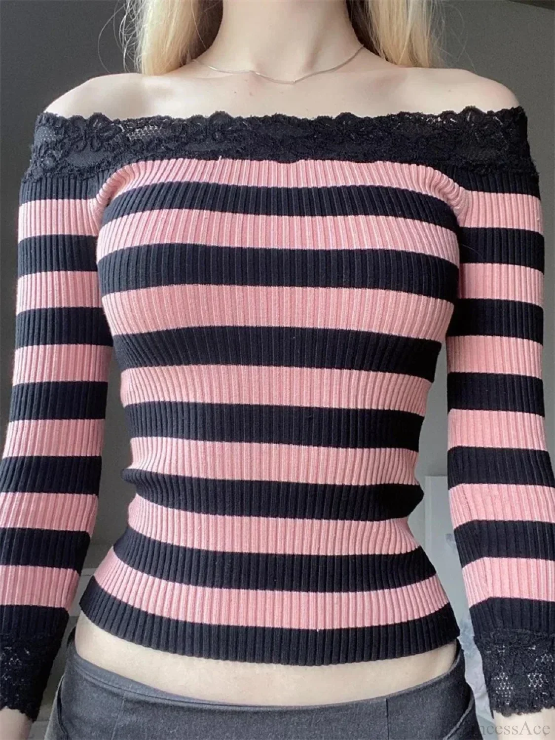 Casual Long Sleeve Retro Striped Off-Shoulder Knit Top - Image 6