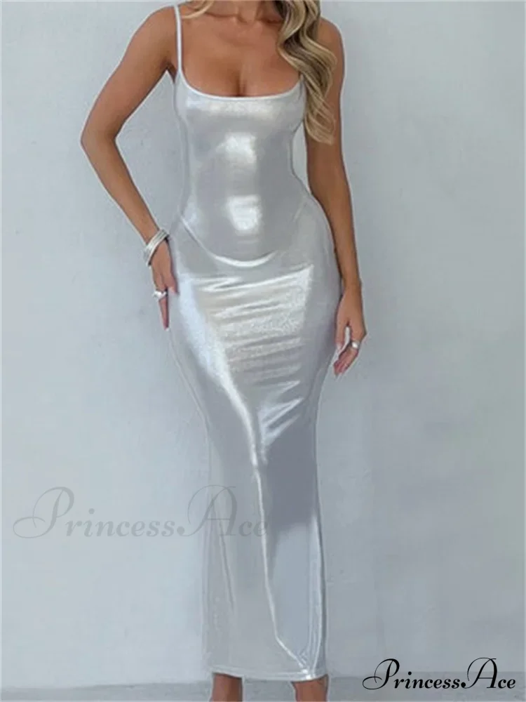 Sexy Women Bodycon Solid Metallic Sleeveless Strap Summer Backless Party Female Vestidos Streetwear - Image 3