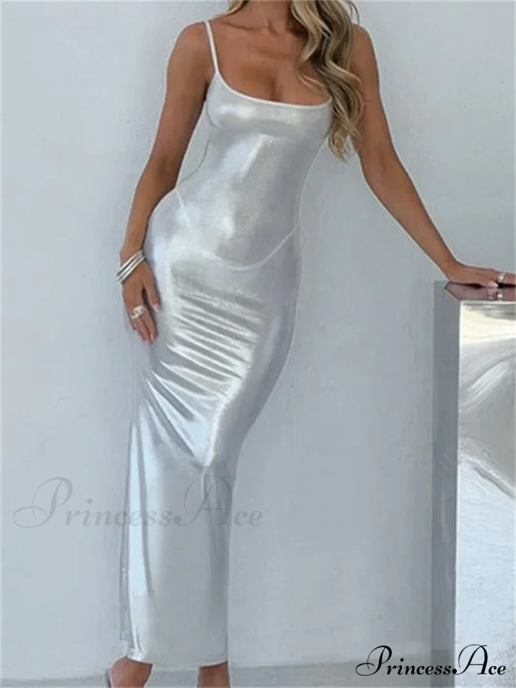 Sexy Women Bodycon Solid Metallic Sleeveless Strap Summer Backless Party Female Vestidos Streetwear - Image 4