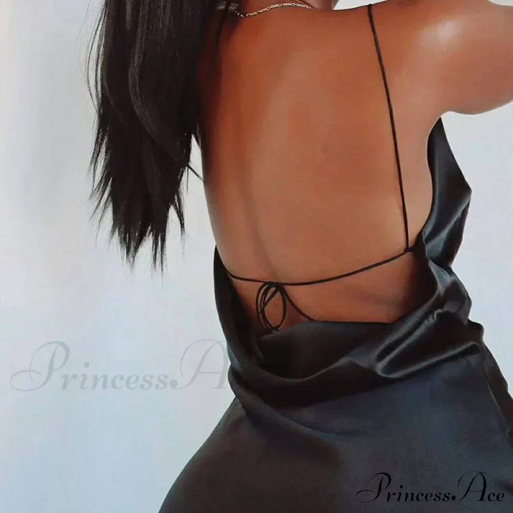 Satin Spaghetti Strap Summer Split V-neck Elegant Sleeveless Backless Club Party Outfits Sexy - Image 4