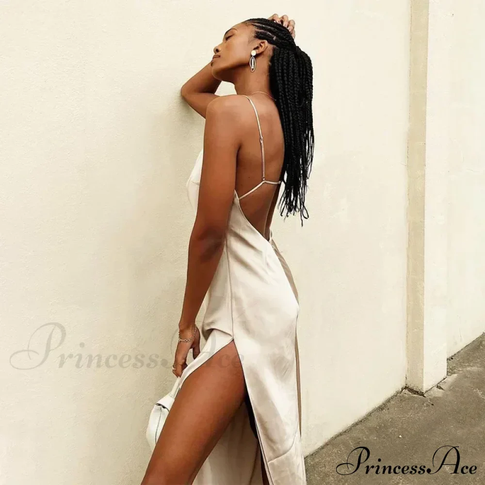 Satin Spaghetti Strap Summer Split V-neck Elegant Sleeveless Backless Club Party Outfits Sexy - Image 8