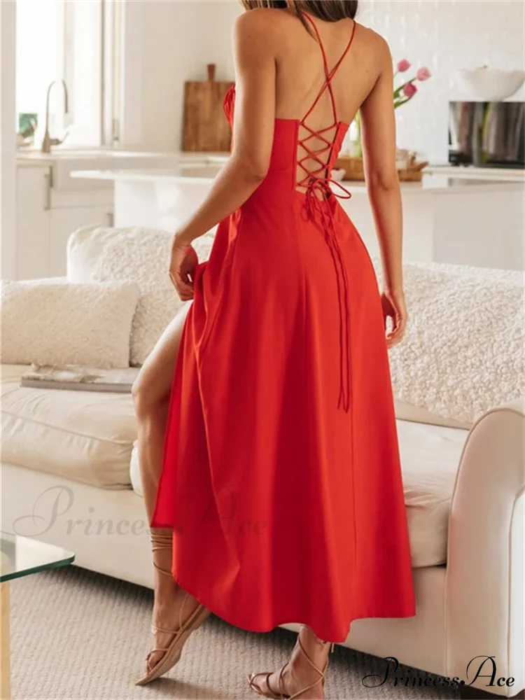 Women Sleeveless Strap Ruched Tie-up Backless Criss-cross Hollow Out High Split Party Beach Vestidos - Image 3