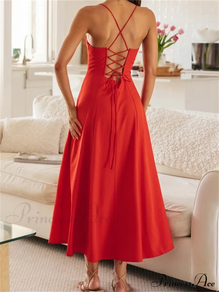 Women Sleeveless Strap Ruched Tie-up Backless Criss-cross Hollow Out High Split Party Beach Vestidos - Image 4