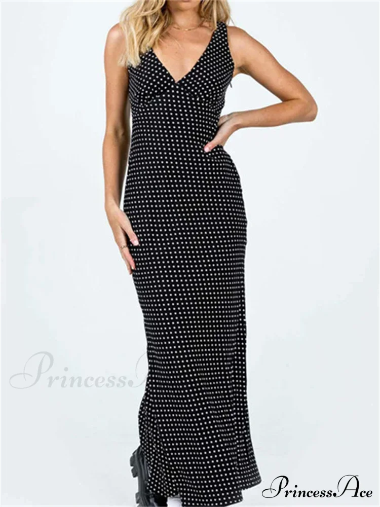 Women Summer Slim Tank Dot Print Sleeveless Deep V-Neck Bodycon Ankle Length Female Vestidos - Image 3