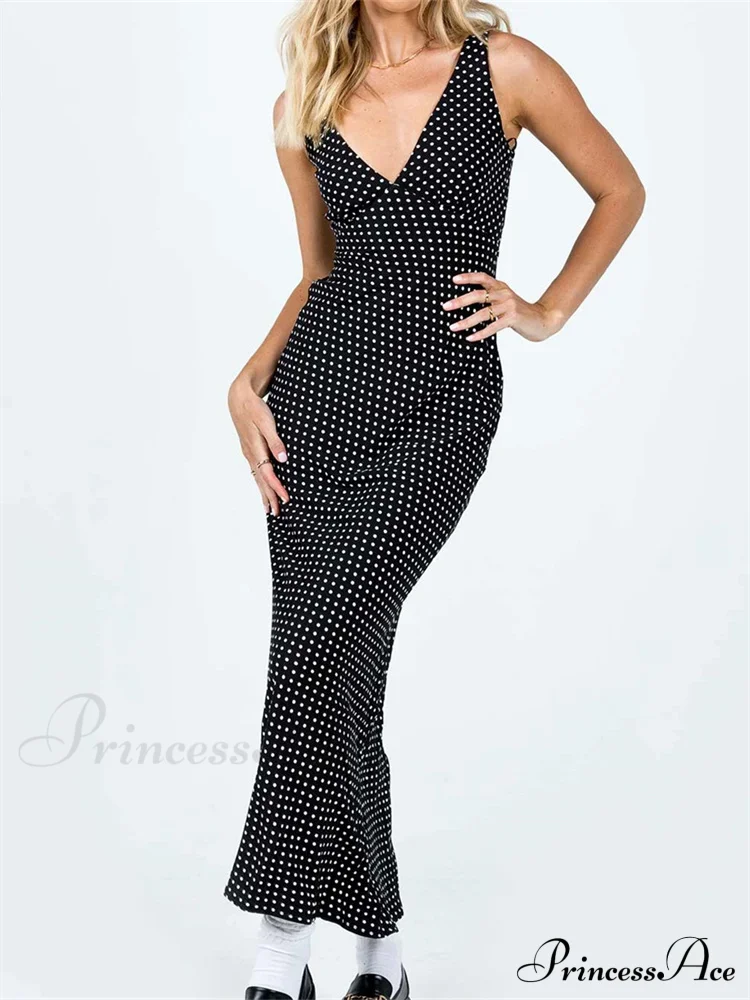 Women Summer Slim Tank Dot Print Sleeveless Deep V-Neck Bodycon Ankle Length Female Vestidos - Image 4
