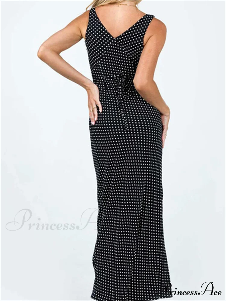 Women Summer Slim Tank Dot Print Sleeveless Deep V-Neck Bodycon Ankle Length Female Vestidos - Image 5