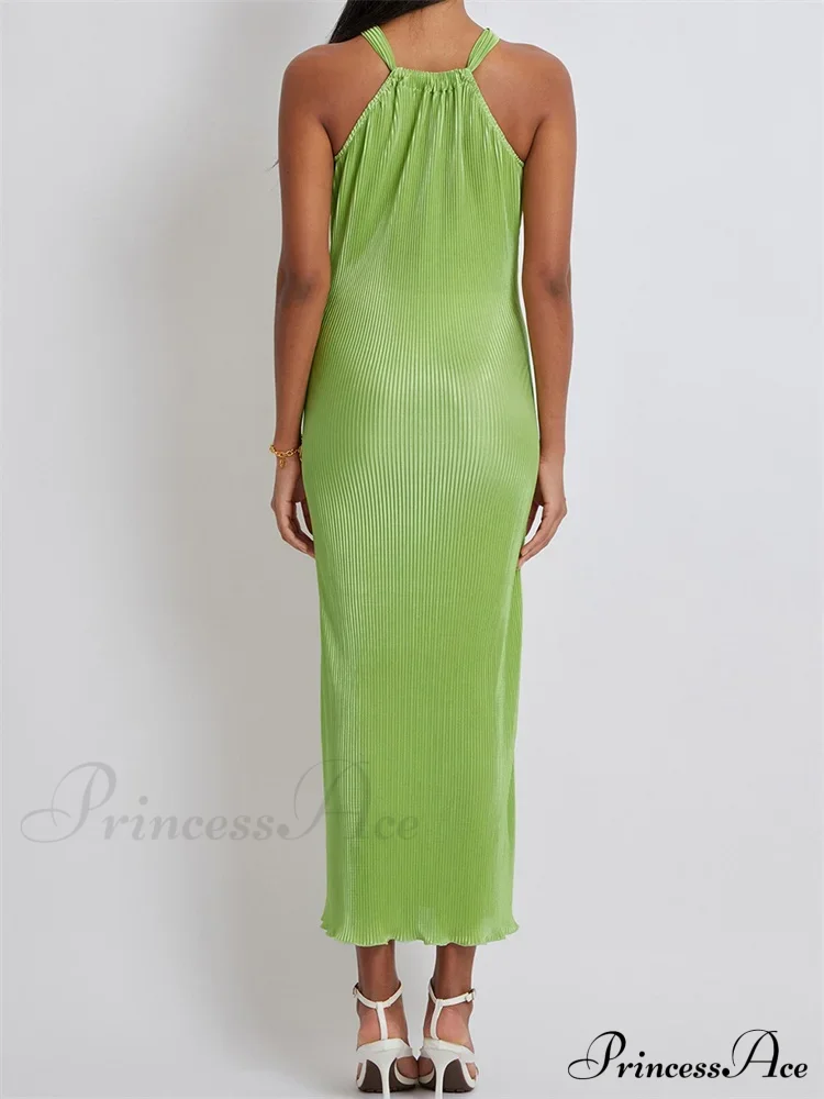 Women Cocktail Solid Color Halter Neck Sleeveless Off Shoulder Ruched Summer Evening Party Vestidos - Image 3