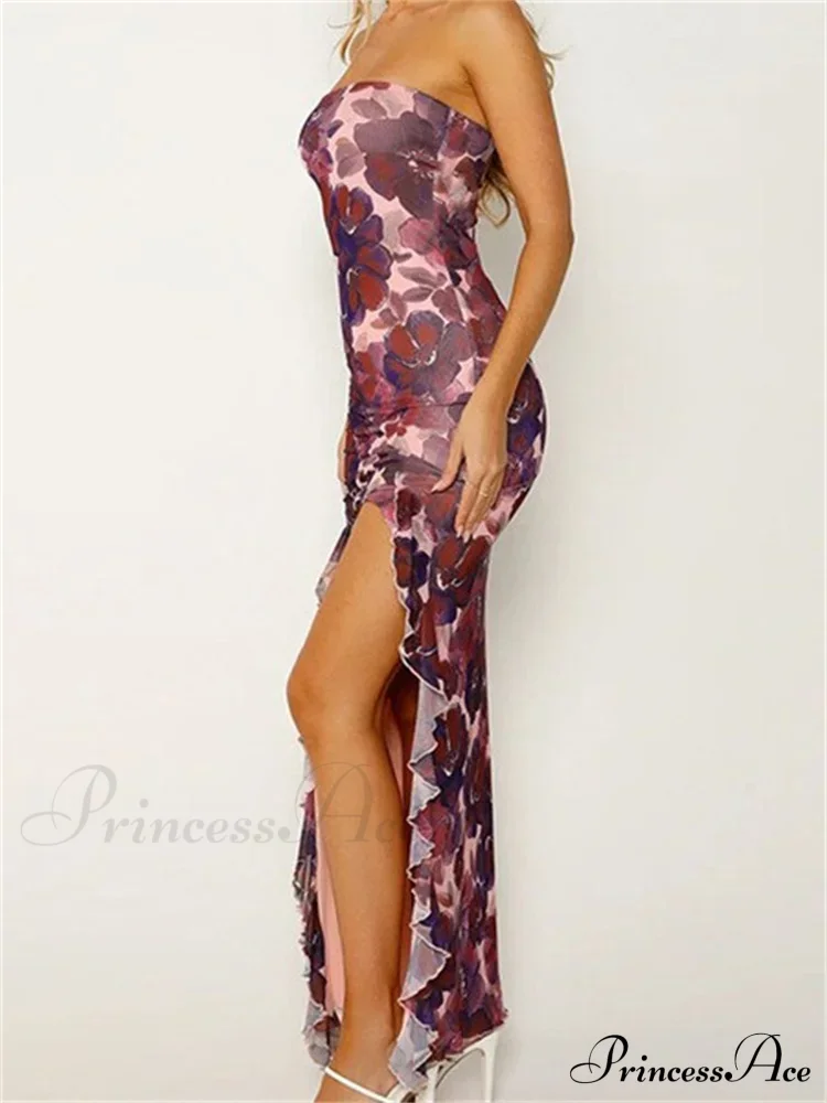 Women Tube Strapless Backless Flower Print High Split Summer Ruffles Cocktail Female Vestidos - Image 3