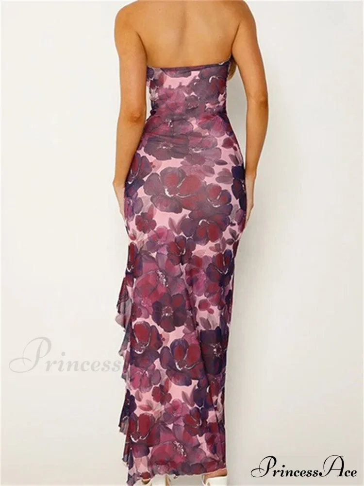 Women Tube Strapless Backless Flower Print High Split Summer Ruffles Cocktail Female Vestidos - Image 4