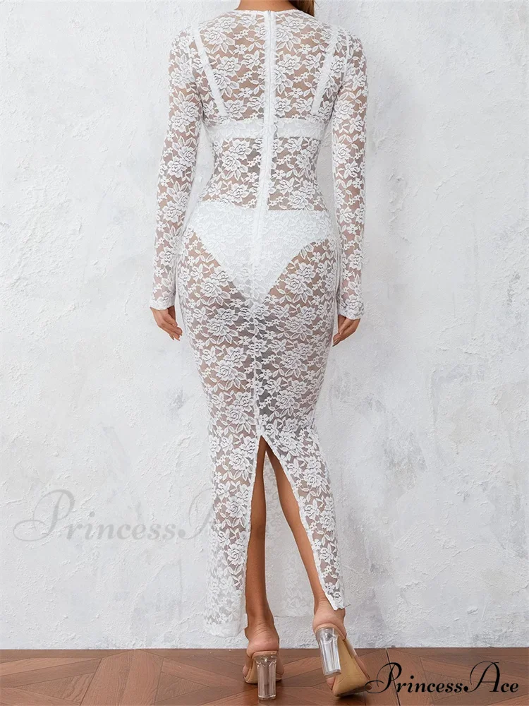 Women Lace Floral See Through Vintage Sleeve Round Neck Solid Back Split Party Female Vestidos - Image 3