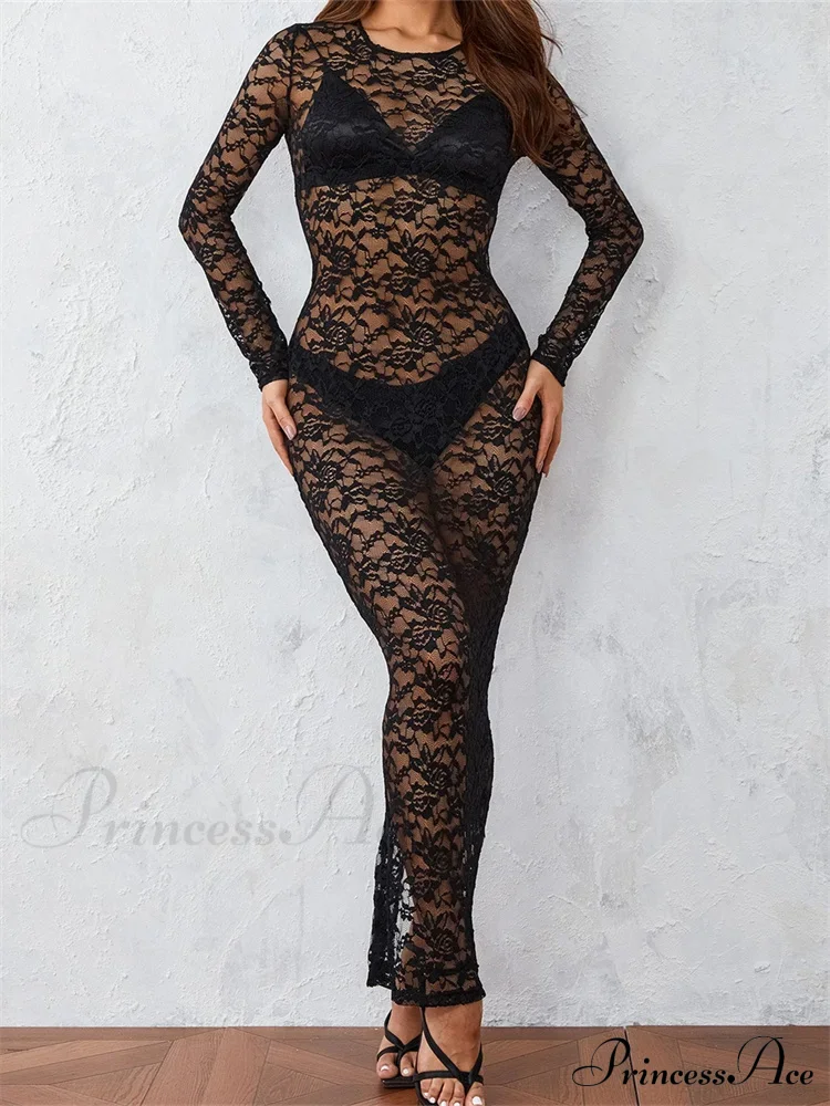 Women Lace Floral See Through Vintage Sleeve Round Neck Solid Back Split Party Female Vestidos - Image 4