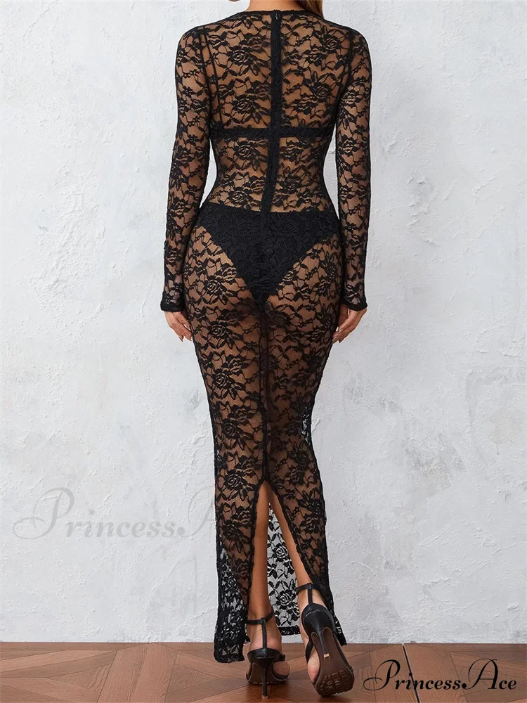 Women Lace Floral See Through Vintage Sleeve Round Neck Solid Back Split Party Female Vestidos - Image 5