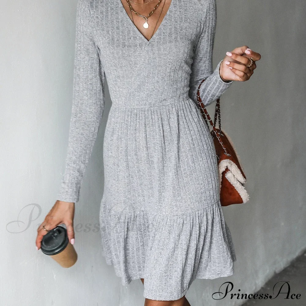 Grey Sexy V-neck Long Sleeve Party Dress - Image 3