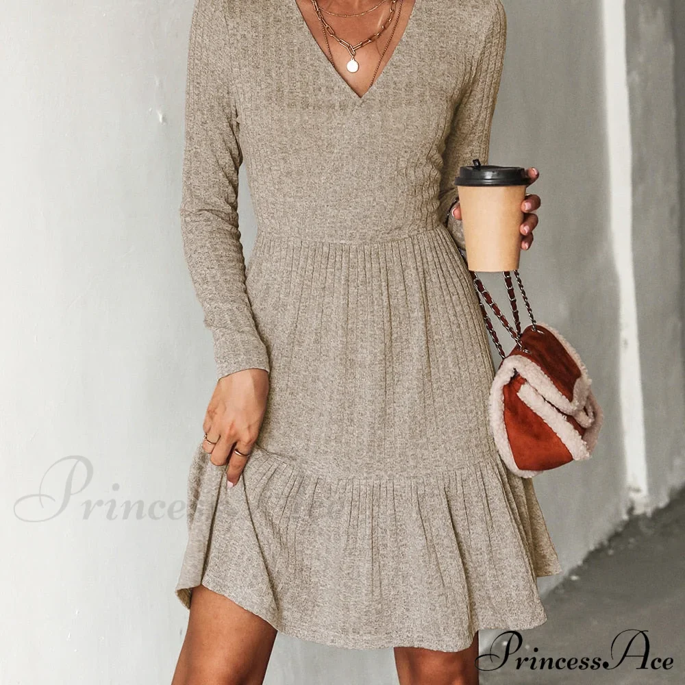 Grey Sexy V-neck Long Sleeve Party Dress - Image 5