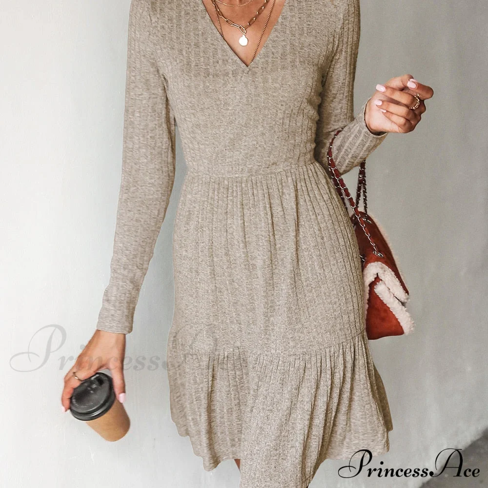 Grey Sexy V-neck Long Sleeve Party Dress - Image 6