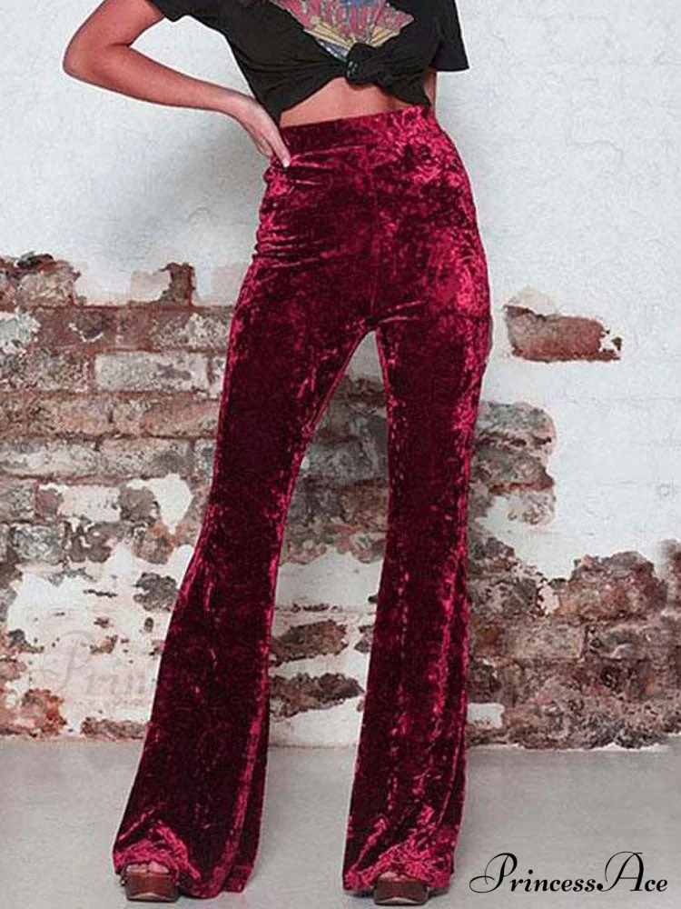 High Waist Velvet Wide Leg Velour Flare Pants - Image 4