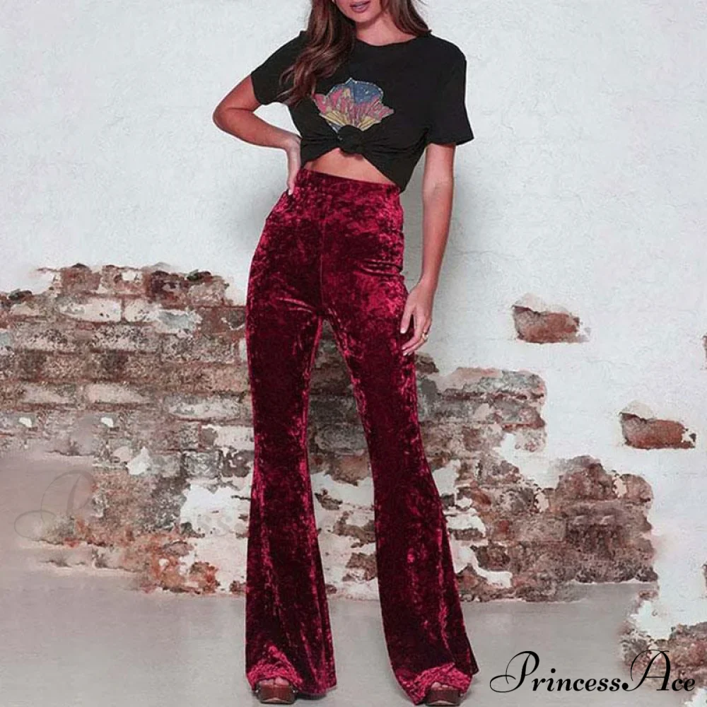 High Waist Velvet Wide Leg Velour Flare Pants - Image 5