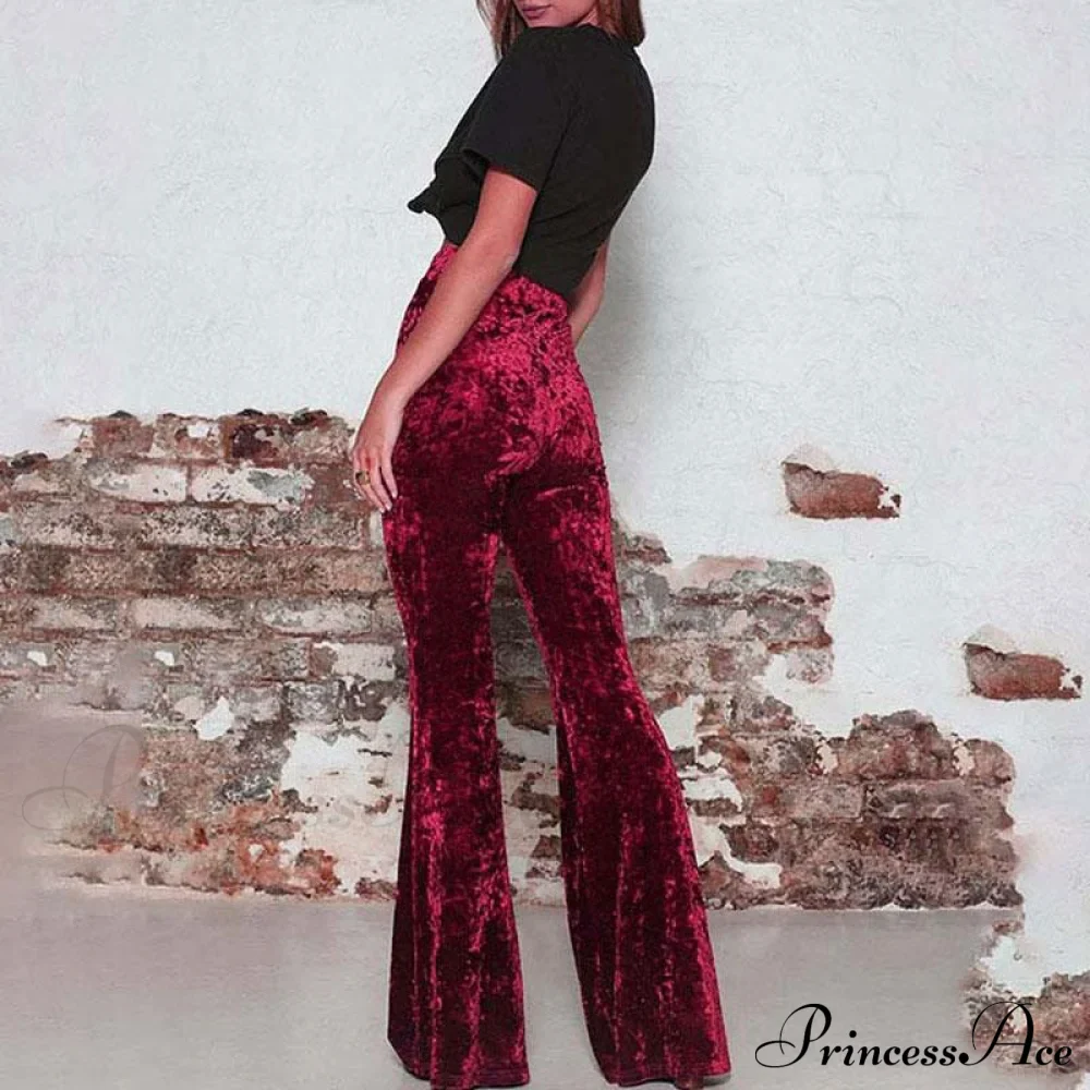 High Waist Velvet Wide Leg Velour Flare Pants - Image 6