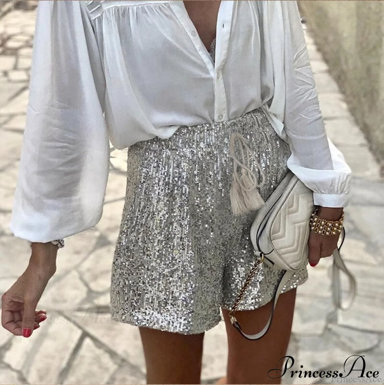 Shiny Sequin Pencil High Waist Mini Shorts - Image 3
