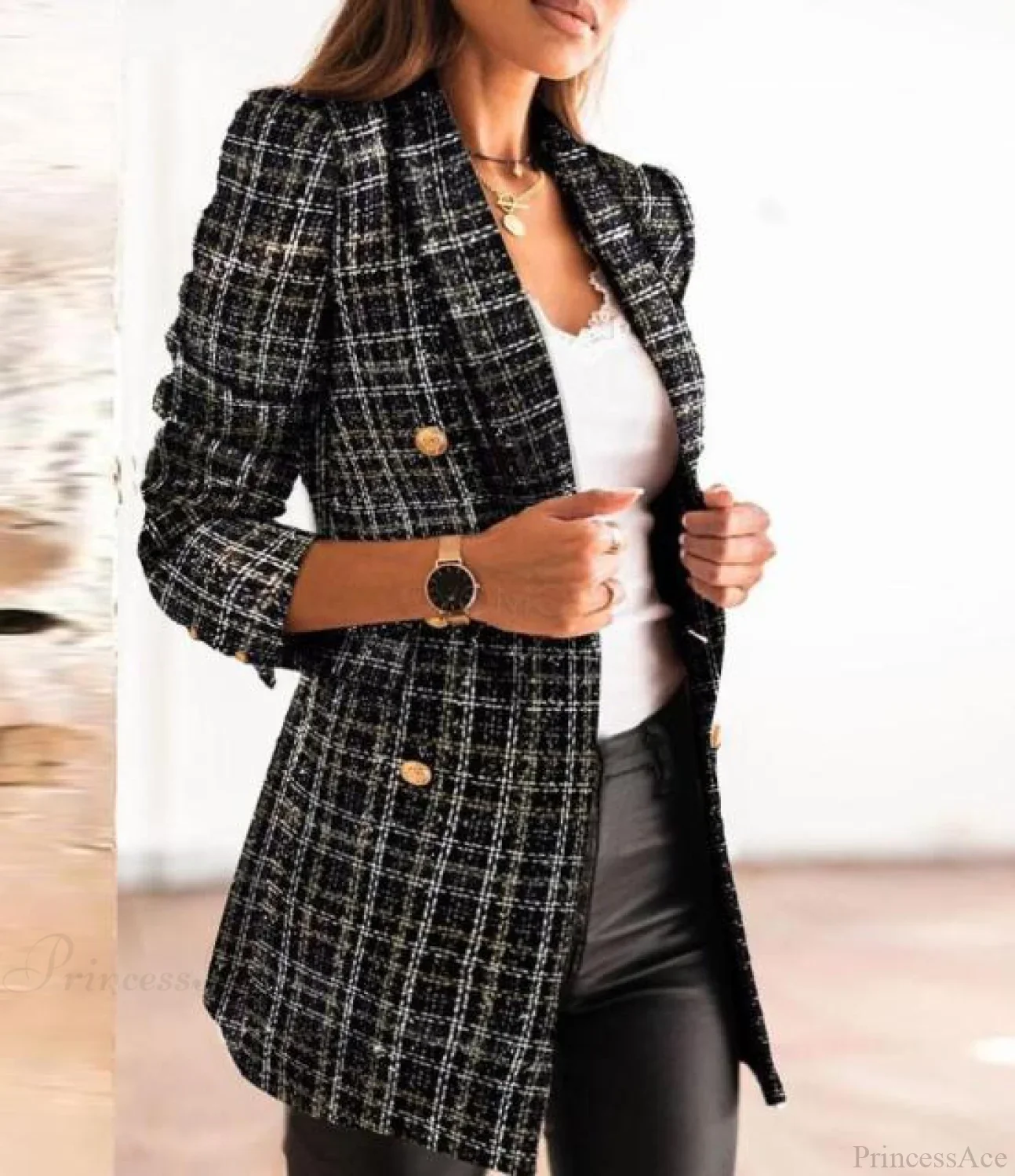 Lady Elegant Double-breasted Check Slim Long-sleeved Blazer - Image 3