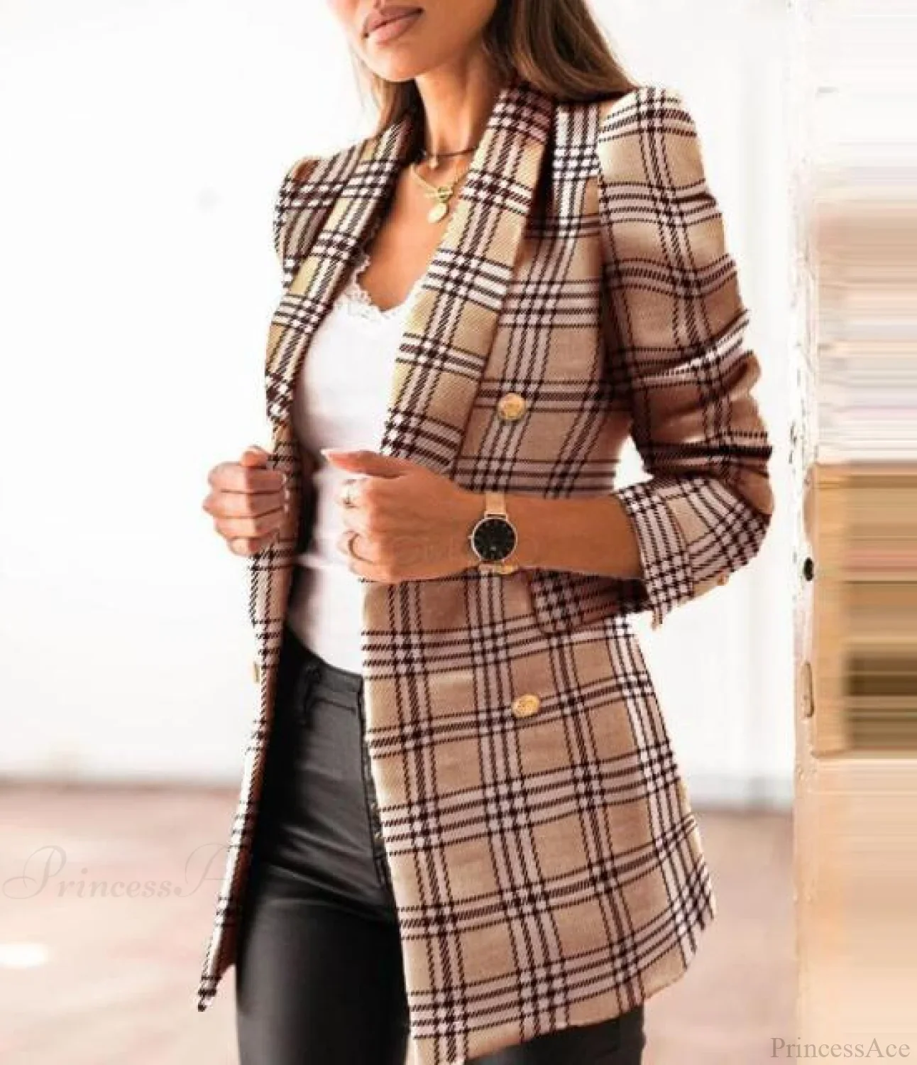 Lady Elegant Double-breasted Check Slim Long-sleeved Blazer - Image 6