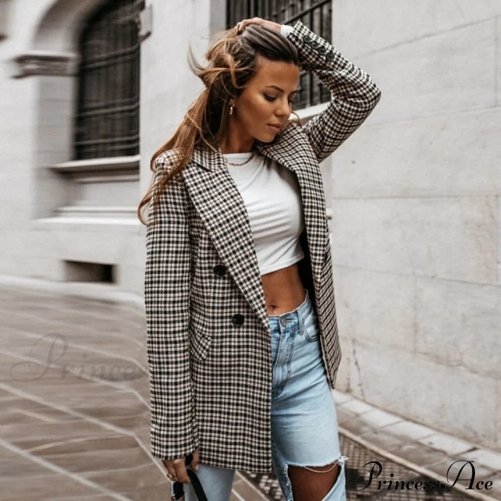 Ladies Notched Collar Plaid Blazer - Image 5
