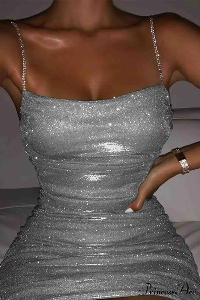 Rhinestone Ruched Chain Cami Dress - Image 9