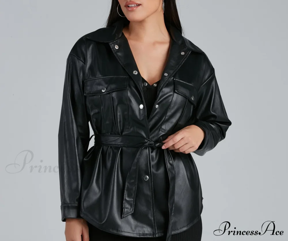 Sleek Trends Faux Leather Tie-Waist Shirt Jacket - Image 3
