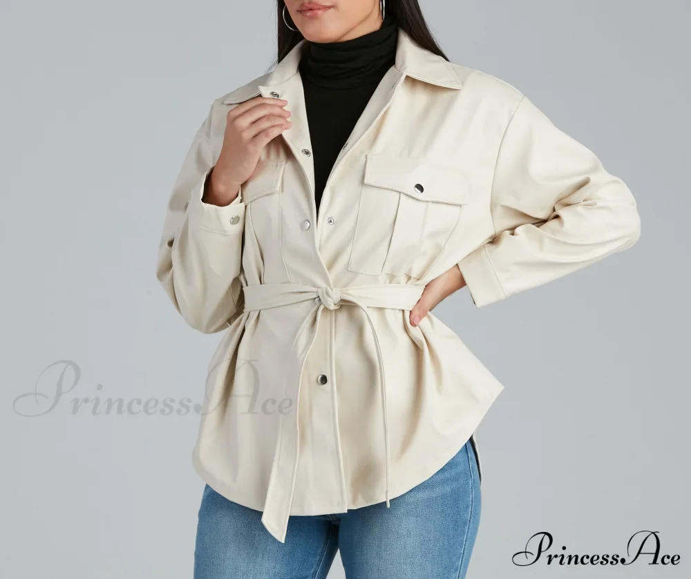 Sleek Trends Faux Leather Tie-Waist Shirt Jacket - Image 8
