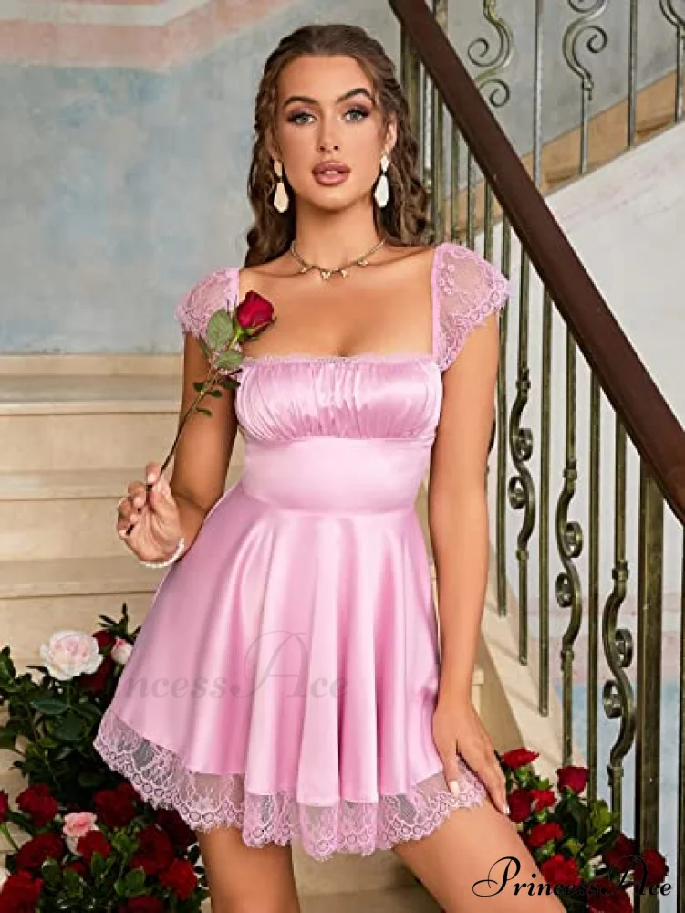 Square Neck Flowy Ruched Bust Dress with Lace - Image 6