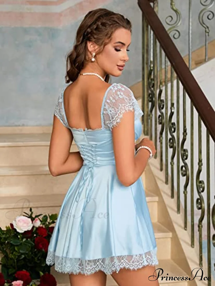 Square Neck Flowy Ruched Bust Dress with Lace - Image 8