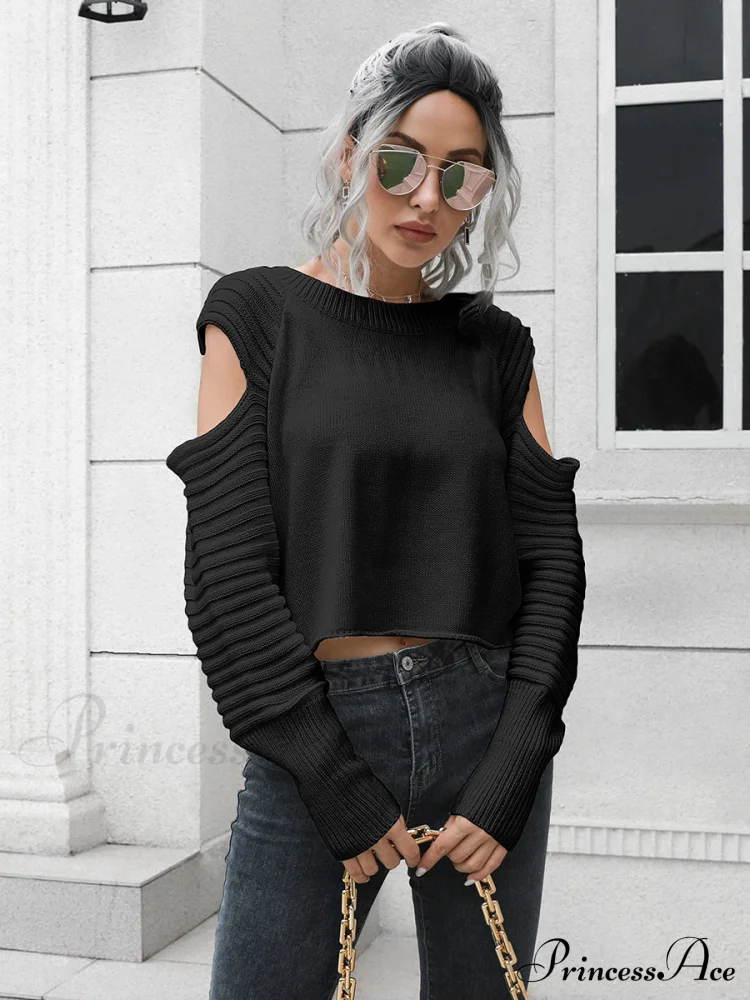 Ribbed Trim Cold-Shoulder Sweater - Image 3