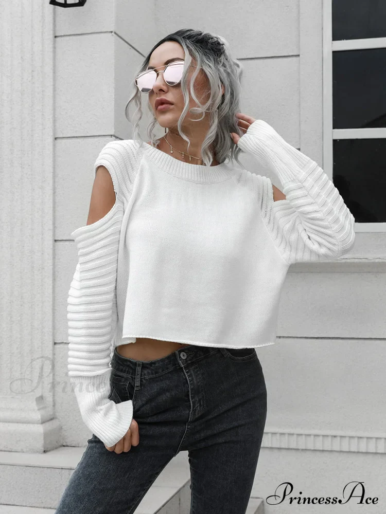 Ribbed Trim Cold-Shoulder Sweater - Image 4