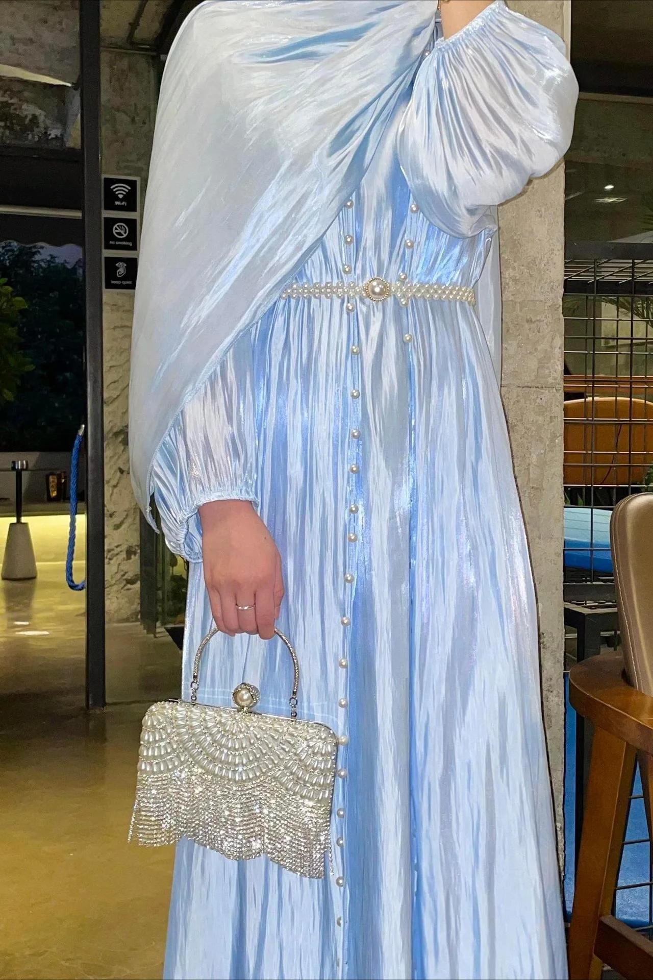 Shimmer Tulle Inner Skirt Outer Skirt Headscarf Three Piece Prom Dress - Image 3