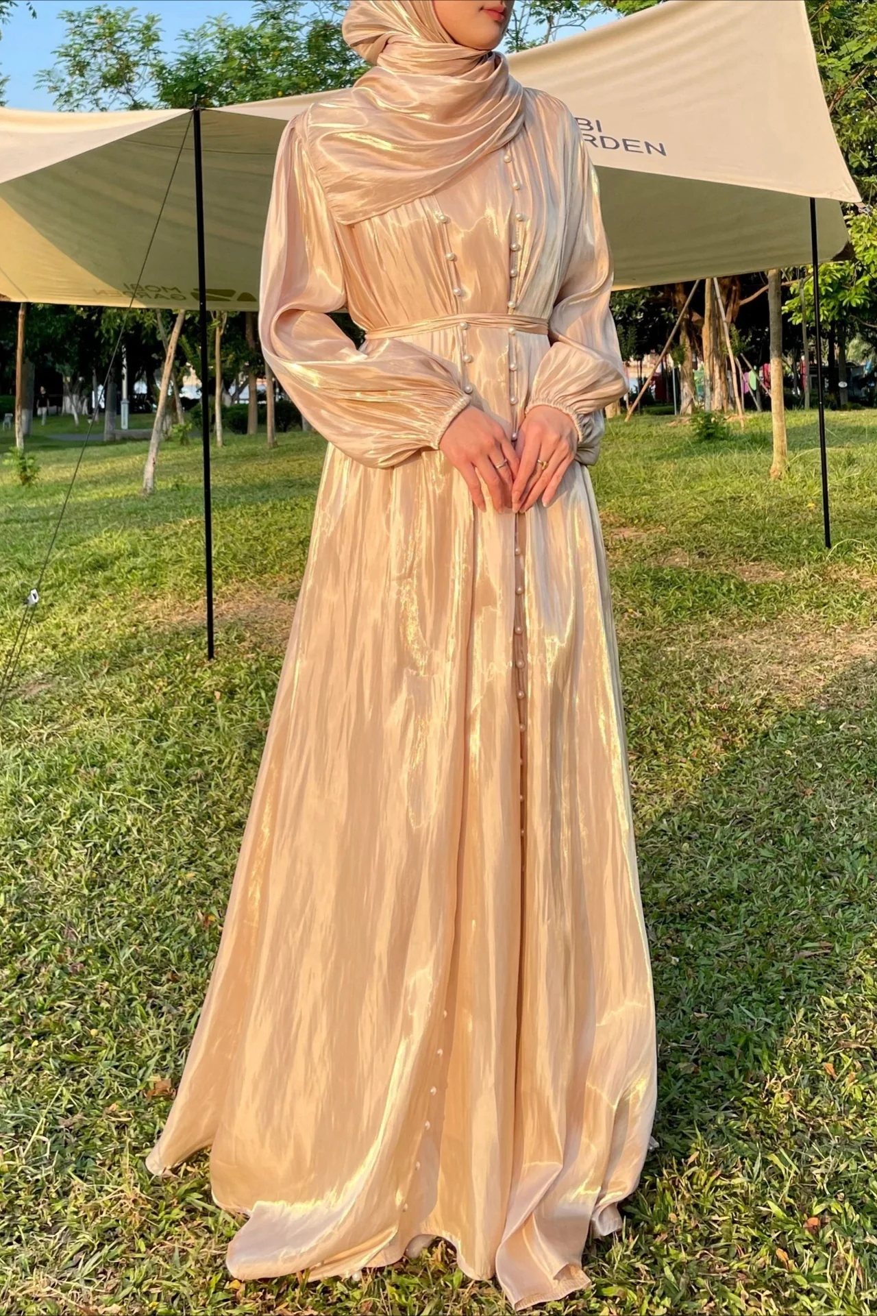 Shimmer Tulle Inner Skirt Outer Skirt Headscarf Three Piece Prom Dress - Image 7