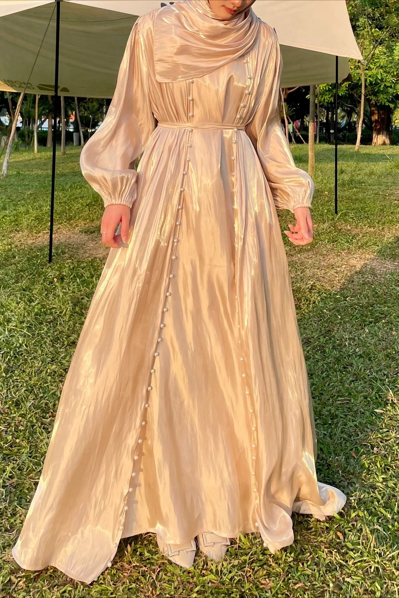 Shimmer Tulle Inner Skirt Outer Skirt Headscarf Three Piece Prom Dress - Image 8