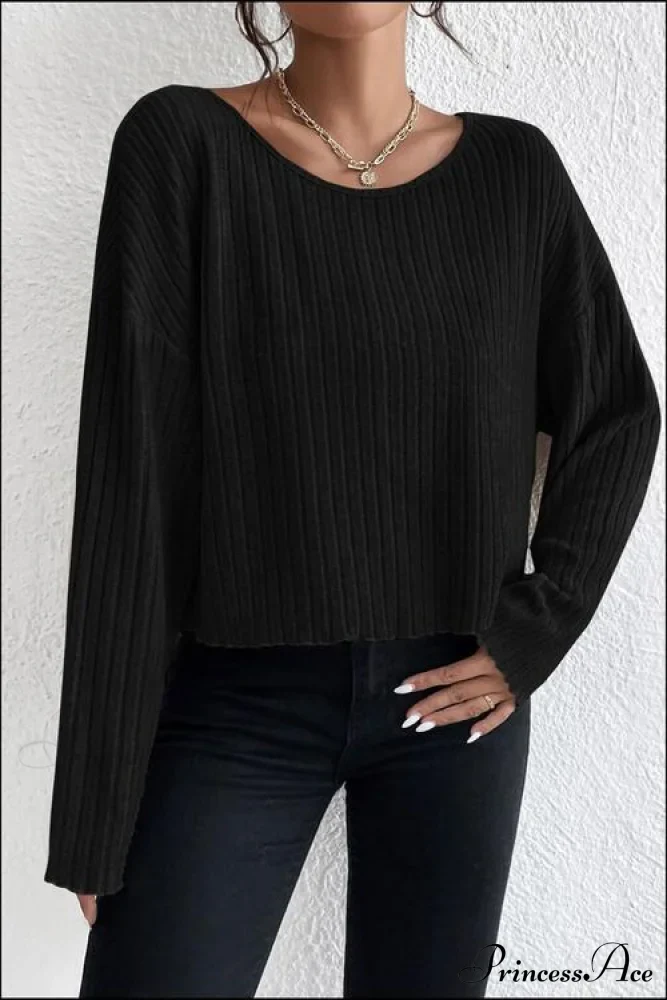 Shoulder Round Ribbed Neck Arm Long Drop Shirt - Image 4