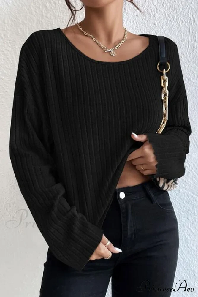 Shoulder Round Ribbed Neck Arm Long Drop Shirt - Image 6