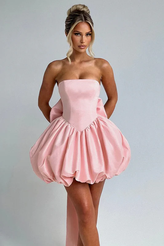 Solid Color Strapless Backless Big Bow Bubble Hem Prom Dress - Image 3