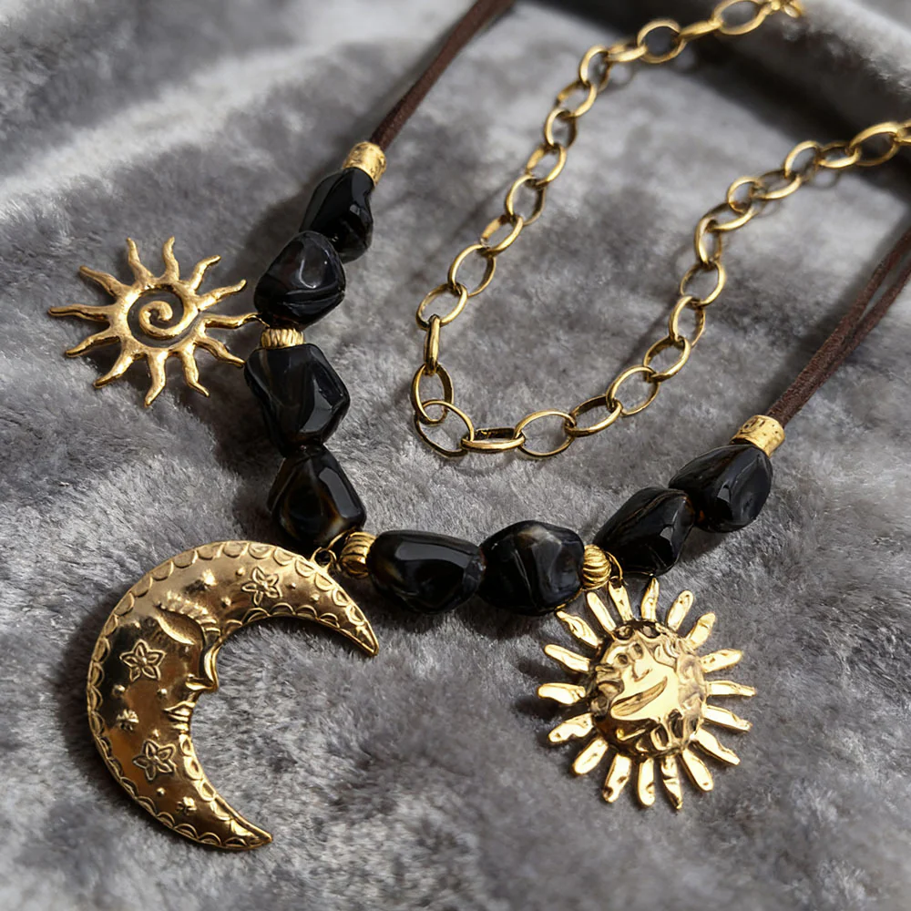 Sun Moon Stainless Steel Resin Beaded NeckLace - Image 4