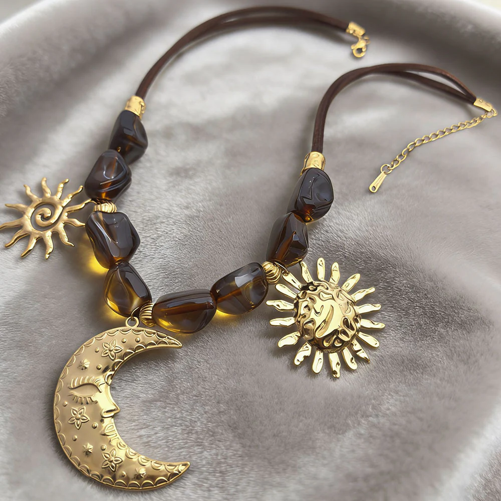 Sun Moon Stainless Steel Resin Beaded NeckLace - Image 5