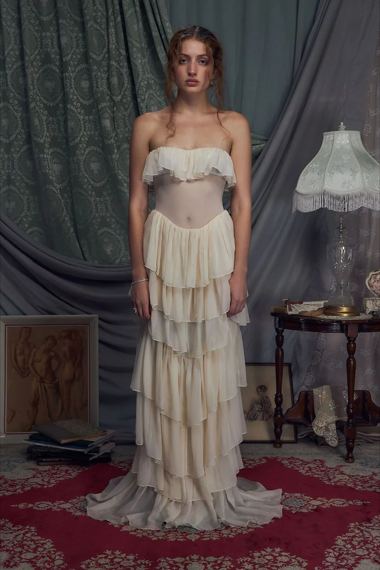 Two Piece Palace Style Strapless Tie Waist Belt Tiered Prom Dress - Image 3