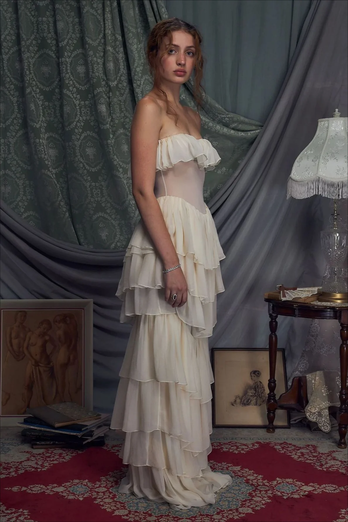 Two Piece Palace Style Strapless Tie Waist Belt Tiered Prom Dress - Image 4