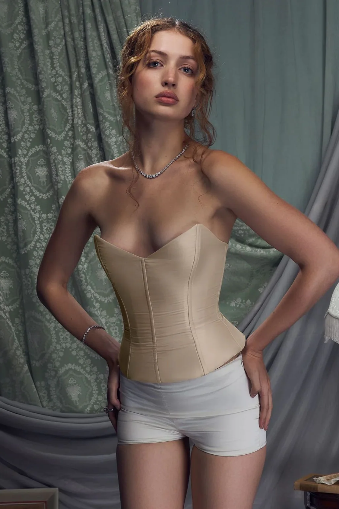 Two Piece Palace Style Strapless Tie Waist Belt Tiered Prom Dress - Image 5