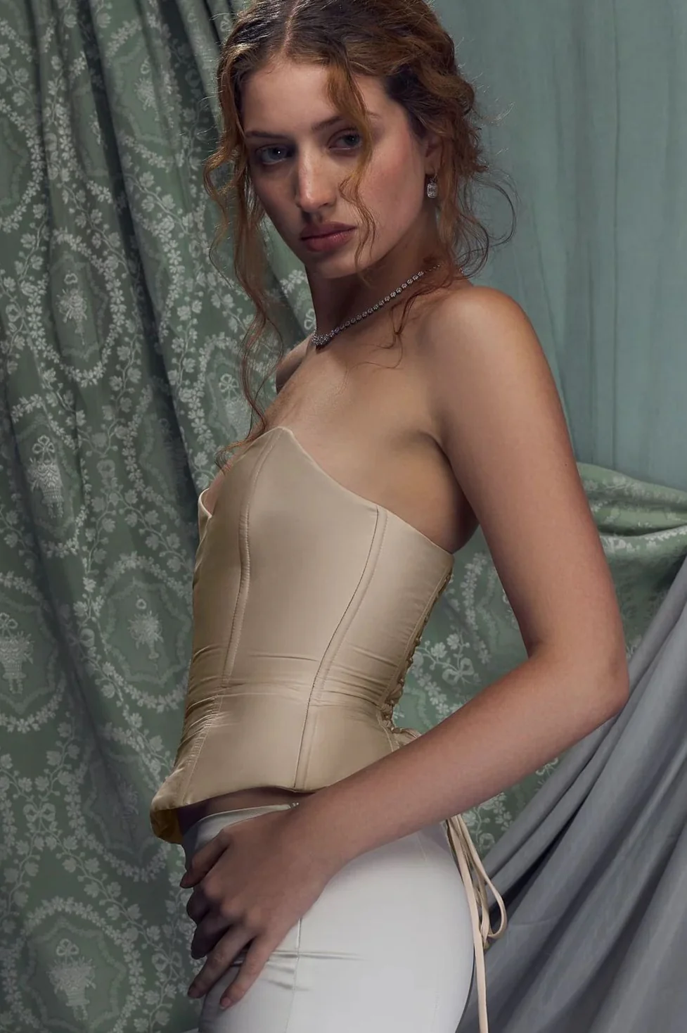 Two Piece Palace Style Strapless Tie Waist Belt Tiered Prom Dress - Image 6